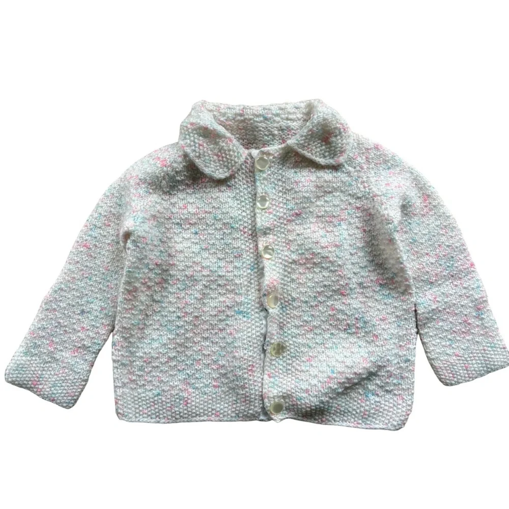 Baby Pastel Pink Blue White Knit Cardigan 6-9M Hidden Snap Button Placket EUC